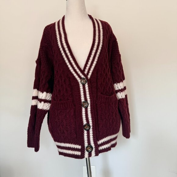 Forever 21 Sweaters - Maroon Cable‑Knit Varsity Cardigan – Size S (Oversized Fit) NWT